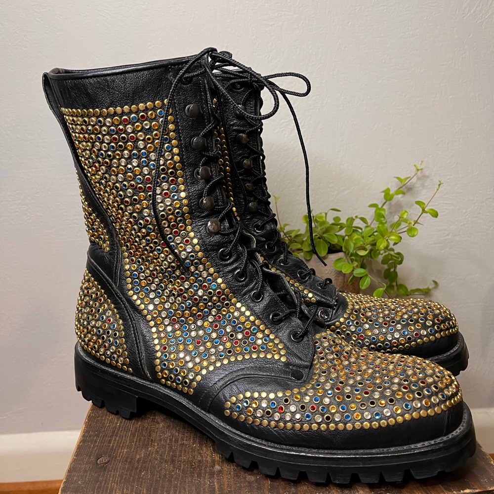 Leather Bejeweled Combat Boots